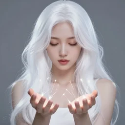 girl with silk glowing white hair showing her hands with glowing puppeteer stings coming out of it