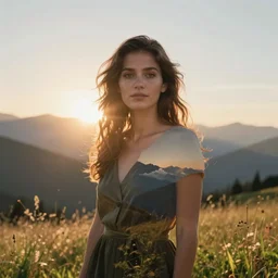 double exposure woman mountain meadow sunrise