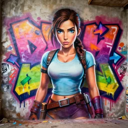 portrait of lara croft in the style of 3 d! graffiti, gradients, extreme wide angle, arrows, drips, in the style of daim, totem, fleks, odeith