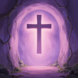 a christian cross as the light at the end of the tunnel, with pale purple and pale pink lighting, cute, aesthetic, anime, with a few vines and overgrowth, studio ghibli, cinematic, painting, high definition, digital art, symmetrical, very detailed, extremely high detail, photo realistic, concept art, unreal engine 5,
