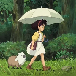 a girl holding an umbrella with her pet ghost capybara walking through the forest, side view, art by hayao miyazaki, studio ghibli film, 4k, hi res, high detail