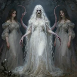 a woman with tentacles as arms and with a long white dirty dress have a horrific face and long white hair, elegant, ethereal horror fantasy art by greg rutkowski and magali villeneuve and claude monet