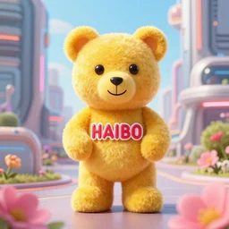portrait of haribo bear in future city, color and shape focus, central composition, natural light, bloom, puff, by si