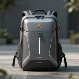futuristic!! backpack ( design by porsche!!!!! ), xf iq 4, 1 5 0 mp, 5 0 mm, f / 1. 4, iso 2 0 0, 1 / 1 6 0 s, natural light, octane render rule of thirds, symmetrical balance, polarizing filter, sense of depth, ai enhanced