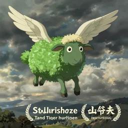 a green sheep with wings flying through the air, studio ghibli, high detail
