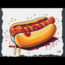 hot dog with bun, ketchup, mustard as a graffiti mural by lee, high detail, matte finish, trending on artstation, masterpiece