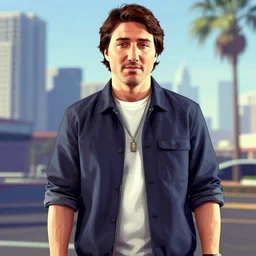 Justin Trudeau in GTA 5, cover art by Stephen Bliss, no text, trending on ArtStation