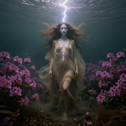 a goddess of azaleas!! standing in a windy underwater garden! with a beautiful symmetrical face!!! cinematic lightning, murky dusty deep, smoky eyes, isolated, studio lighting by artgerm yuri shwedoff and tom bagshaw