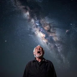 an elderly man screaming, milky way background, astrophotography, bold natural colors, national geographic photography, masterpiece, 8 k, raw, unedited, symmetrical balance