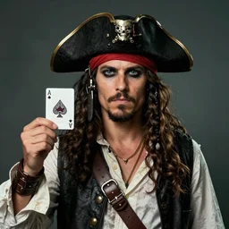 a pirate in a black pirate hat holding up an ace of spades card