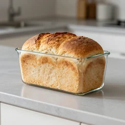a clear glass loaf of bread sitting on a kitchen counter