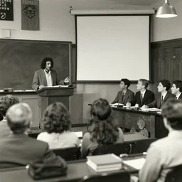 old photo of a caveman giving a lecture to a group of harvard students