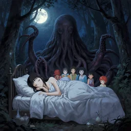 my bed giant girl cthulhu in the dark forest moon light by gaston bussiere, anna nikonova aka newmilky, greg rutkowski, yoji shinkawa, yoshitaka amano, tsutomu niehi, moebius, donato giancola, geoffroy thoorens, concept art, trending on artstation, featured on pixiv, cinematic composition, 8 k