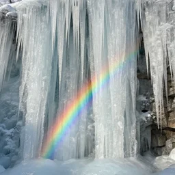Massive icicles fall down, refracting light into rainbows, 4k, #aesthetic