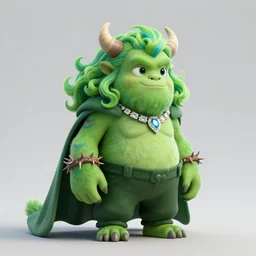 it is a lovely green monster with small horns with blue and green stripes on its head, flowing green curly hair, dark green pants, diamond necklace, thorny arm rings on its wrist, and a cloak behind it, 3 d modeling effect, cartoon image design, 3 dultra realistic illustration, wide angle shot, intricate, elegant, highly detailed, digital painting, artstation, concept art,
