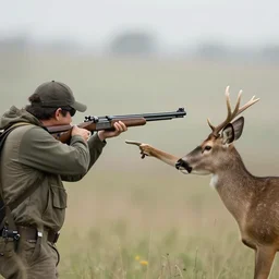 Photograph of a deer pointing a rifle at a hunter