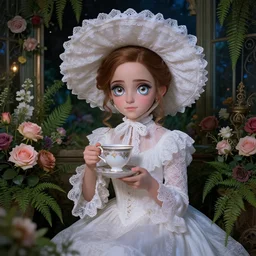 big eyes fantasy, glow, shimmer emma watson with big eyes as victorian woman in a long white frilly lace dress and a large white hat having tea in a sunroom filled with flowers, roses and lush fern flowers ,intricate, night, highly detailed, dramatic lighting , high quality