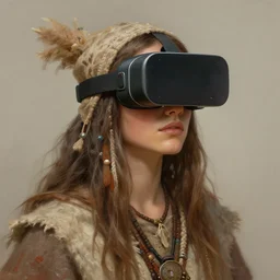 Neolithic shaman , wearing HTC Vive, tiny, prehistoric, pretty, beautiful, character art portrait, matte fantasy painting, DeviantArt Artstation, by Jason Felix by Steve Argyle by Tyler Jacobson by Peter Mohrbacher, cinema