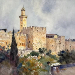 paint brush strokes, abstract watercolor painting of tower of david in jerusalem in the rain, cinematic light, american romanticism by greg rutkowski, by leonid afremov