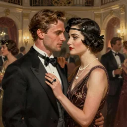 daniel gerhartz and wlop detailed portrait, digital painting, artstation, concept art, of a 1 9 2 0 s beautiful couple at a party in a mansion, mansion interior in the background, unreal engine, hyper realism, realistic shading, cinematic composition, blender render, octane render, hdr, detailed textures, photorealistic, 3 5 mm film