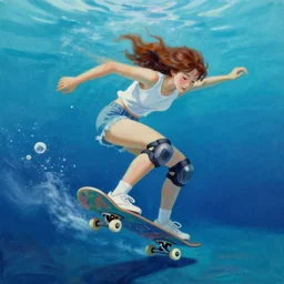 a painting of a girl on a skateboard underwater