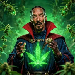 snoop dogg as doctor strange, multiple dimensions, green light, marijuana leaves, marijuana, highly detailed, environmental light, cinematic by francis tneh, green magic, 8 k
