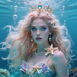 “ jennifer garner portrait, fantasy, mermaid, hyperrealistic, game character, underwater, highly detailed, sharp focus, cinematic lighting, pearls, glowing hair, shells, gills, crown, water, highlights, starfish, jewelry, realistic, digital art, pastel, magic, fiction, ocean, king, colorful hair, sparkly eyes, fish, heroic, goddess, waves, bubbles, queen ”