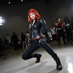 twice's chaeyoung cosplaying as marvel's black widow, dragoncon, flash photography, wide angle