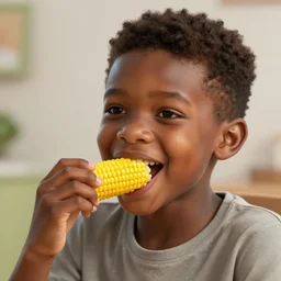 realistic black boy eating corn, very happy octane render in the style of artstation