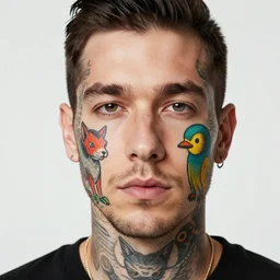 a picture of an attractive man with colorful animal tattoos on his face