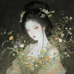 ancient chinese fairy woman, pale skin, wearing wild flowers, by miho hirano