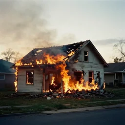 house burning down aesthetic, golden hour, bad weather, sharp, shot on 3 5 mm film camera, smooth sharp forcus, tumblr aesthetic,