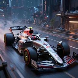 photography of a professional digital paint of a highly detailed formula one driver, racing in a highly detailed post apoliptical city by night. concept art, intricate, trending on artstation, unreal engine 5 render, 8 k