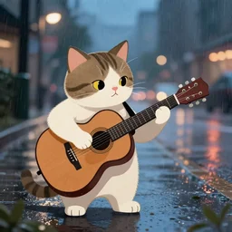 a cat playing guitar on the street on a rainy evening, digital art