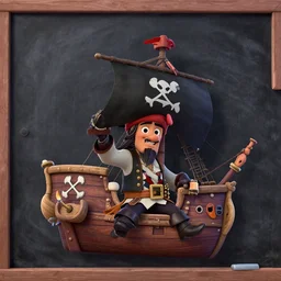 the blackboard pirate on his old pirate ship with a black pirate flag. pixar disney 4 k 3 d render funny animation movie oscar winning trending on artstation and behance. ratatouille style.