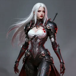 masterpiece concept art, a beautiful highly detailed futuristic bloodborned style lady, confident pose, by greg rutkowski and geof darrow, 8 k, intricate detail, cinematic lighting, red white and black colors