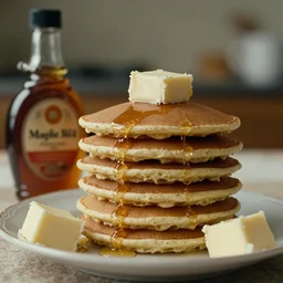 A pile of pancakes towers over a bottle of maple syrup and squares made of butter. Film Still.