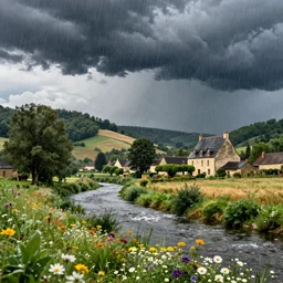 dordogne typical landscape, hills in the background, summer, river, ultra detailed, ultra sharp, award winning. 8 k, flowers, trees, old house, thunderstorm and rain, very dark clouds. heavy rain, octane render.