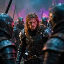 dramatic shallow depth of field film still battle scene from a medieval cyberpunk film from the 8 9 0 s titled'king alfred and the western campaign ', photographed by denis villeneuve and ridley scott, colorful lighting high contrast, grainy hyperrealistic shocking detail trending on artstation 8 k