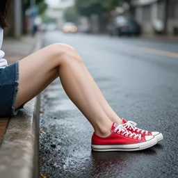 side view of the legs of a woman sitting on the ground on a curb, very short pants, wearing red converse shoes, wet aslphalt road after rain, blurry background, sigma 8 5 mm