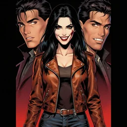 Rafael Albuquerque comic cover art, loish, Ross tran, pretty female Samara Weaving vampire, very sharp fangs blood on face face, sarcastic smile, symmetrical eyes, symmetrical face, brown leather jacket, jeans, long black hair, middle shot, highly saturated, deep blacks