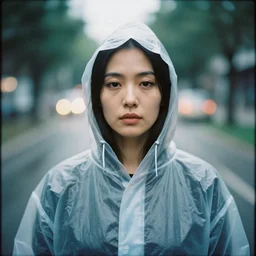 An analog head and shoulder frontal face photography of woman wearing a transparent raincoat with hoodie on by Oleg Oprisco. Liam Wong style. kodak ektar film film. Depth of field. whirl bokeh. detailed. hq. realistic. Moody. Filmic. lens flare. Leica M9, f/1.2, symmetrical balance, in-frame