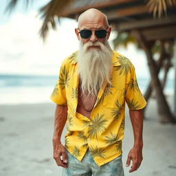 portrait of an old skinny ripped bald man with long white beard, in sunglasses and oversized yellow hawaiian shirt, shorts and flip - flops