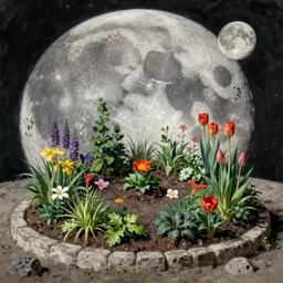 a garden on the moon, 8 k, lowbrow, in the style of martin johnson heade, roger dean and alexander jansson,