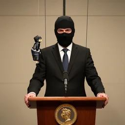one puppeteer president that looks like a marionette in a podium giving a press conference