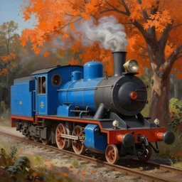 “a surrealist oil painting of a blue steam engine hanging from an orange tree”