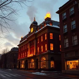 aesthetic building on fire, golden hour, bad weather, ultrahd, ultra sharp, hyper detailed, 8 k, shot on 3 5 mm film camera, smooth sharp forcus, realism, tumblr aesthetic,