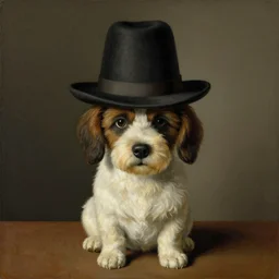 a rene magritte painting of a dog wearing a hat