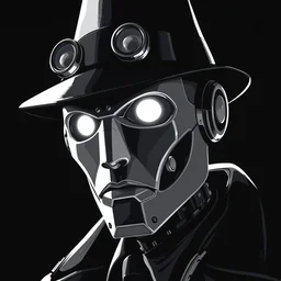 portrait of noir robot detective, black and white digital art,