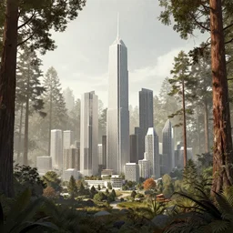 a solarpunk cityscape in the forest, skyscrapers, redwoods, concept art, architectural concept diagram